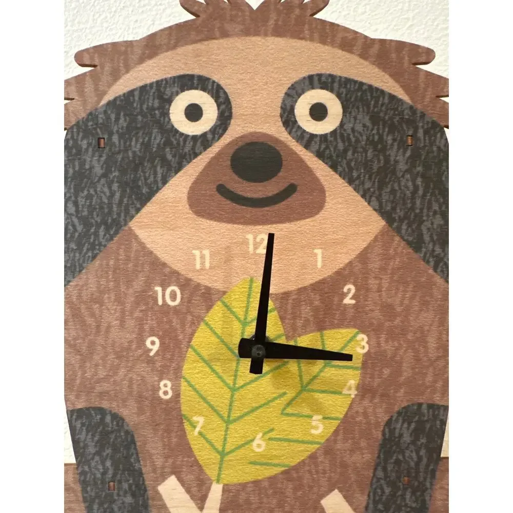 Sloth 3D Wall Clock by Modern Moose with a Leaf Pendulum Baltic Birch Wood